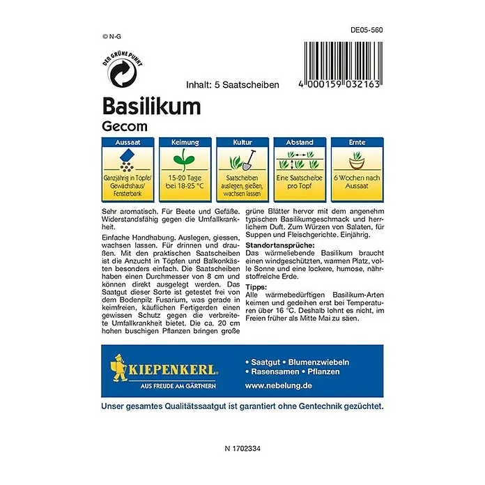 Kiepenkerl Profi-Line Kräutersamen Basilikum Gecom - Ocimum basilicum Gecom, Saatzeit: Ganzjährig, Erntezeit: Ganzjährig - Bild einer Saatguttüte Basilikum Gecom.
