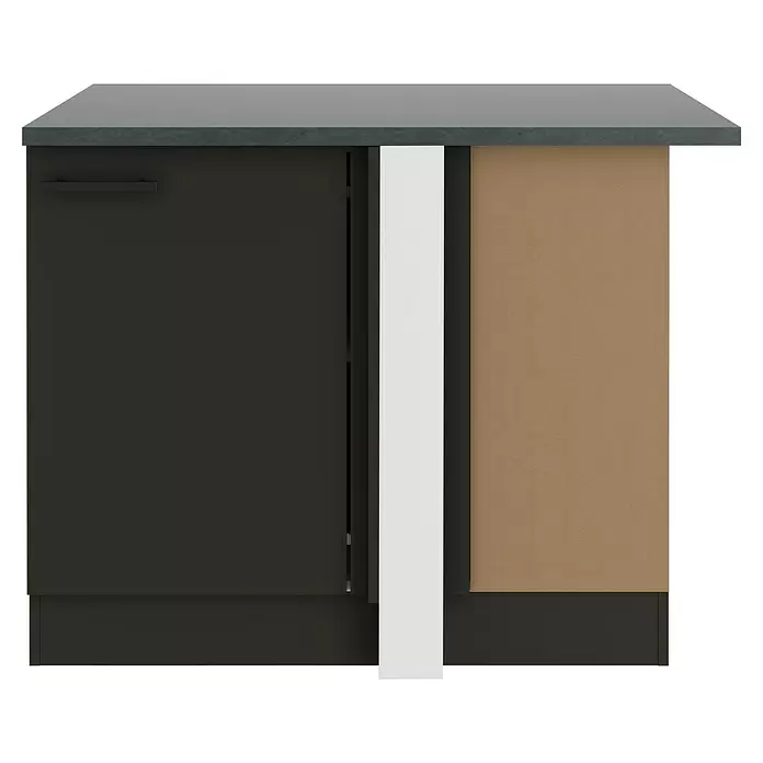 Optifit Madrid420 Eck-Unterschrank für Eck Typ 2 - 60 x 110 x 84,8 cm, Anthrazit Matt - Dunkelgrauer modularer Küchenunterschrank mit schwarzem Griff, dunkelgrauer Arbeitsplatte, weißer Blende und hellbrauner Seitenwand.