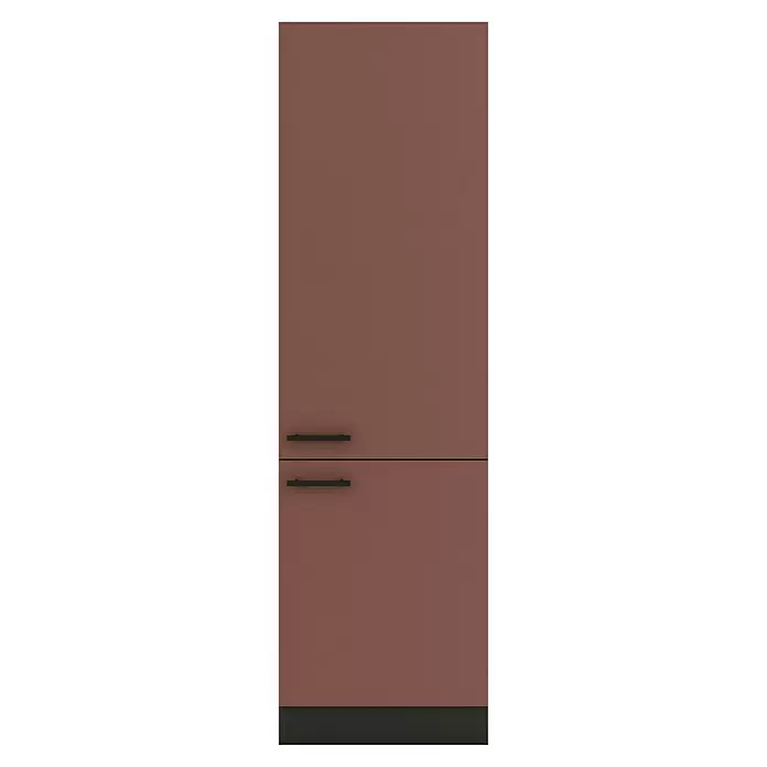 Optifit Nizza407 Küchen-Hochschrank - 60 x 60 x 206,8 cm, Rostrot - Terrakottafarbener zweitüriger Kühlschrank mit schwarzen Stangengriffen und schwarzem Sockel.