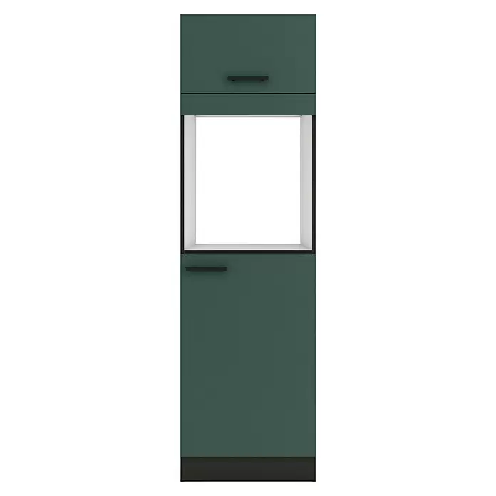 Optifit Verona405 Geräteumbauschrank - 60 x 60 x 206,8 cm, Steingrün, Mit 1 Klappe und 2 Türen für Backofen und Kühlschrank 88 cm - Dunkelgrüner Küchenschrank mit schwarzen Griffen und einer offenen Nische für ein Gerät.