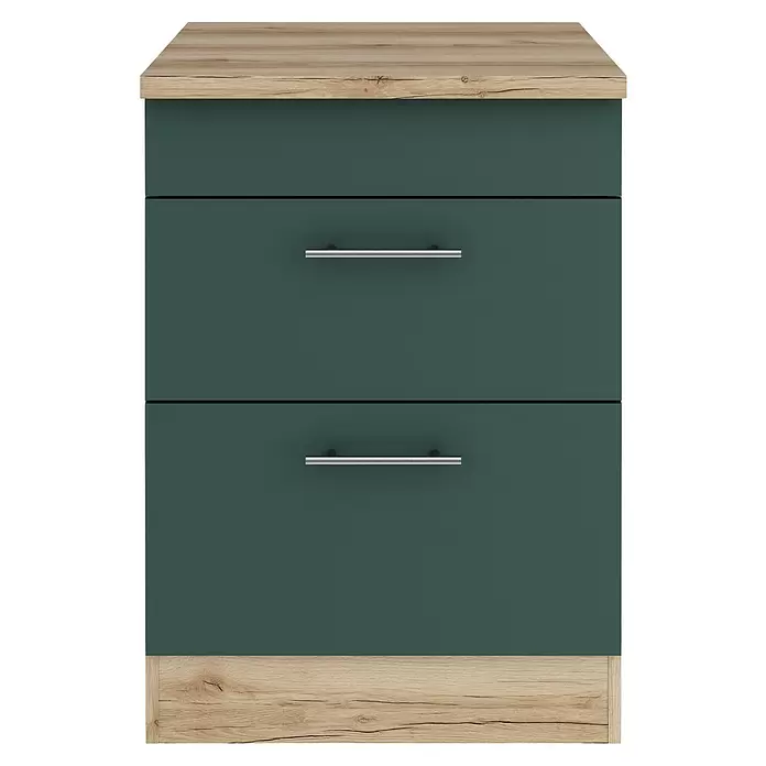 Optifit Savona405 Unterschrank - 60 x 60 x 84,8 cm, Steingrün, Mit 1 Blende und 2 Auszügen - Zweischubladenkommode mit heller Holzplatte und Sockel, dunkelgrünen Schubladenfronten und silbernen Griffen.