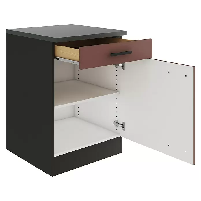 Optifit Nizza407 Unterschrank - 60 x 60 x 84,8 cm, Rostrot, Mit 1 Schubkasten und 1 Tür - Dunkelgrauer Küchenunterschrank, offene braun-rote Schublade, offene Tür, weiße Innenregale, dunkelgraue Arbeitsplatte.