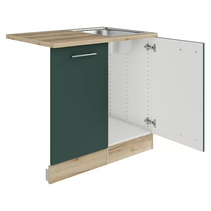 Optifit Savona405 Spülenunterschrank - 60 x 90 x 84,8 cm, Steingrün, Mit Blende 45 cm für vollintegrierten Geschirrspüler - Küchenunterschrank mit dunkelgrüner Tür, heller Holzoptik-Arbeitsplatte und Edelstahlspüle. Die Schranktür ist geöffnet und zeigt den Innenraum.