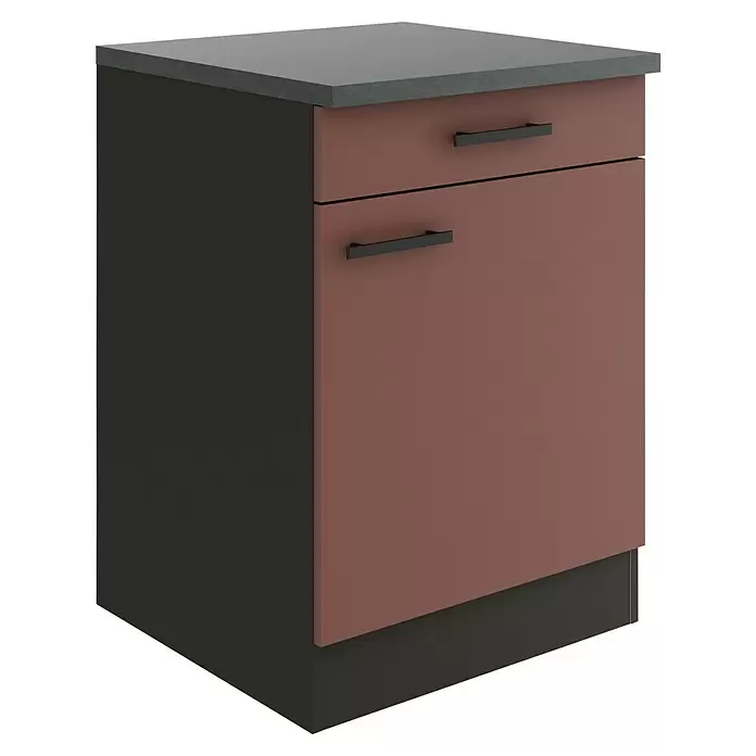 Optifit Nizza407 Unterschrank - 60 x 60 x 84,8 cm, Rostrot, Mit 1 Schubkasten und 1 Tür - Anthrazitfarbener Unterschrank, bronzefarbene Front mit zwei Schubladen und schwarzen Griffen.