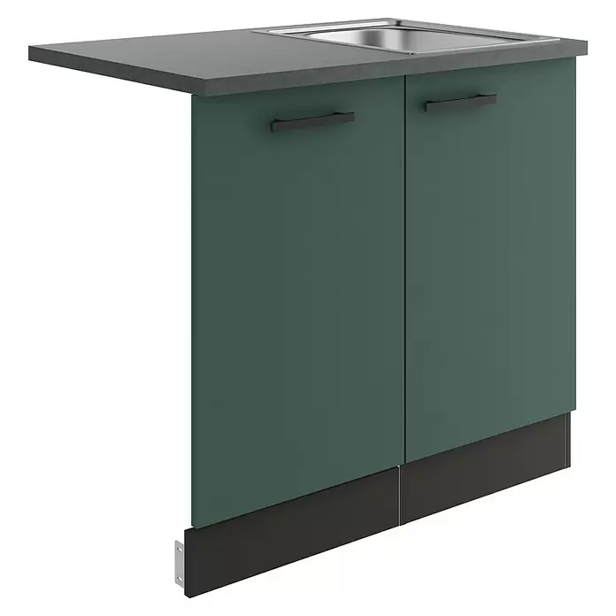 Optifit Verona405 Spülenunterschrank - 60 x 90 x 84,8 cm, Steingrün, Mit Blende 45 cm für vollintegrierten Geschirrspüler - Dunkelgrüner Küchenunterschrank mit grauer Arbeitsplatte, integrierter Edelstahlspüle und schwarzen Griffen.