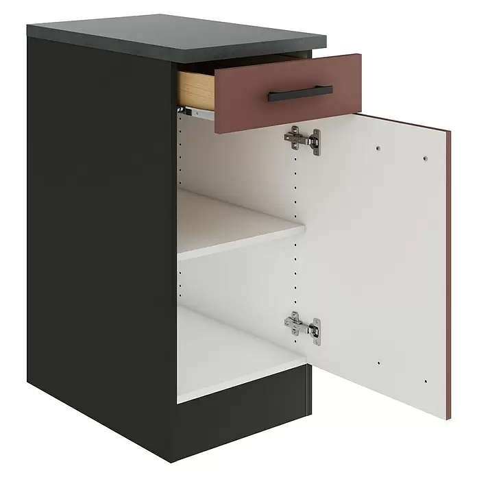 Optifit Nizza407 Unterschrank - 60 x 40 x 84,8 cm, Rostrot, Mit 1 Schubkasten und 1 Tür - Dunkelgrauer Unterschrank mit hellgrauer Arbeitsplatte, offener brauner Schublade mit schwarzem Griff und offener Tür, die zwei weiße Regale zeigt.