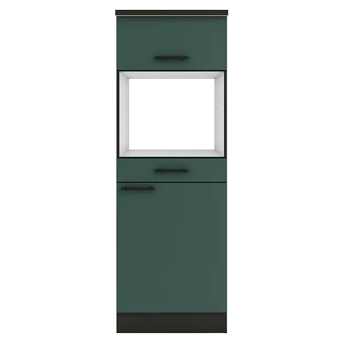 Optifit Verona405 Midischrank - 60 x 60 x 174,4 cm, Steingrün, Für Mikrowelle mit 1 Klappe, 1 Schubkasten und 1 Tür - Dunkelgrüner Küchenschrank mit offenem Gerätefach, mehreren geschlossenen Staufächern und schwarzen Griffen.