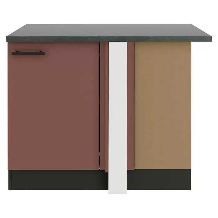 Optifit Nizza407 Eck-Unterschrank - 60 x 110 x 84,8 cm, Rostrot - Küchenunterschrank mit dunkelgrauer Arbeitsplatte, rotbrauner Tür, schwarzem Griff, weißen und hellbraunen Paneelen und dunklem Sockel.
