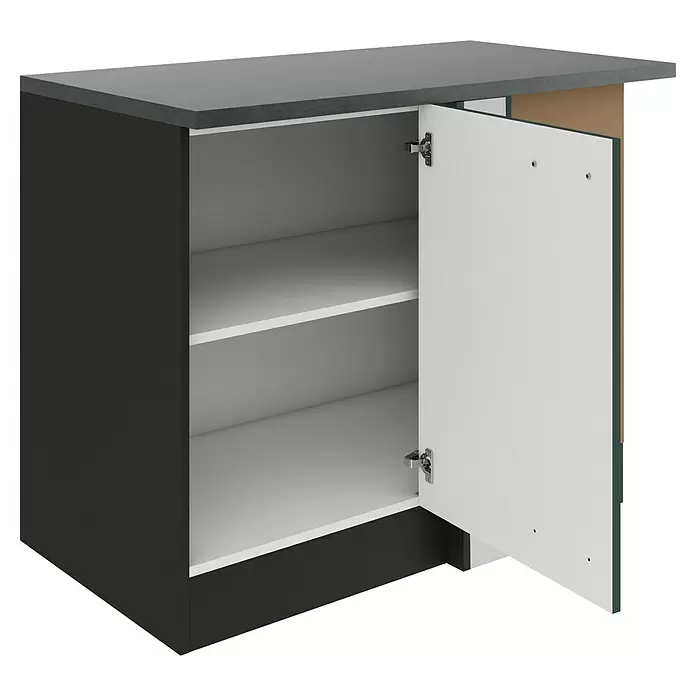 Optifit Verona405 Eck-Unterschrank für Eck Typ 2 - 60 x 110 x 84,8 cm, Steingrün - Dunkelgrauer Küchenunterschrank mit grauer Arbeitsplatte und weißen Einlegeböden, eine Tür geöffnet.