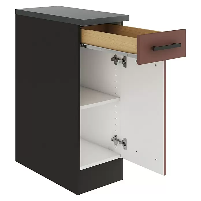 Optifit Nizza407 Unterschrank - 60 x 30 x 84,8 cm, Rostrot, Mit 1 Schubkasten und 1 Tür - Dunkelgrauer Küchenunterschrank mit grauer Arbeitsplatte, weißen Innenböden und einer offenen rotbraunen Schublade mit schwarzem Griff.