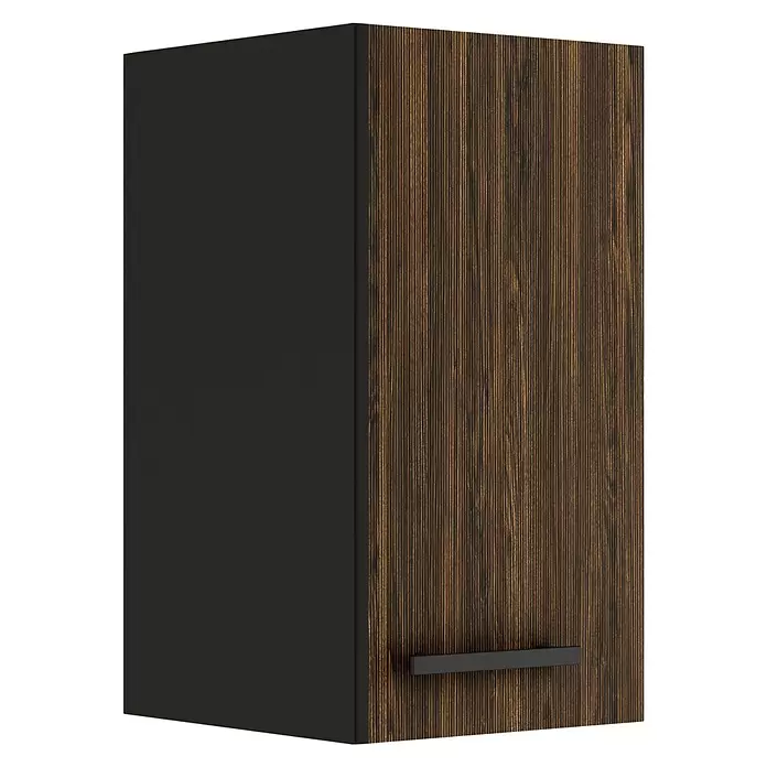 Optifit OPTIkult Hängeschrank Rimini409 - 34,6 x 30 x 57,6 cm, Rillendekor Nussbaum - Hoher Schrank mit dunkler Holzmaserungstür, dunkelgrauen Seiten und schwarzem Griff.