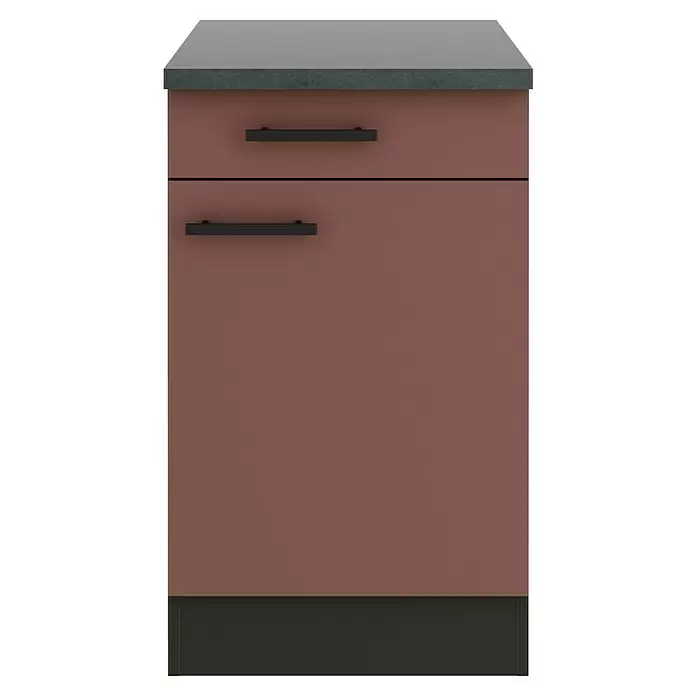 Optifit Nizza407 Unterschrank - 60 x 50 x 84,8 cm, Rostrot, Mit 1 Schubkasten und 1 Tür - Küchenunterschrank mit dunkelgrauer Arbeitsplatte, Terrakotta-Schublade und Schranktür mit schwarzen Griffen und dunkelgrauem Sockel.