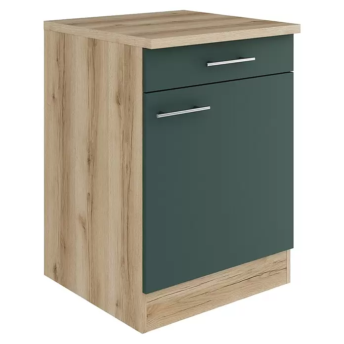 Optifit Savona405 Unterschrank - 60 x 60 x 84,8 cm, Steingrün, Mit 1 Schubkasten und 1 Tür - Schrank in heller Eichenoptik mit einer dunkelgrünen Schublade und einer Tür, beide mit silbernen Griffen.