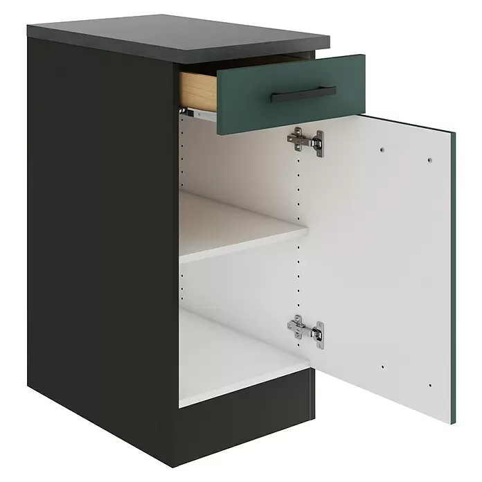 Optifit Verona405 Unterschrank - 60 x 40 x 84,8 cm, Steingrün, Mit 1 Schubkasten und 1 Tür - Dunkelgrauer Unterschrank mit grauer Arbeitsplatte, offener blaugrüner Schublade und offener weißer Tür mit verstellbaren Einlegeböden.
