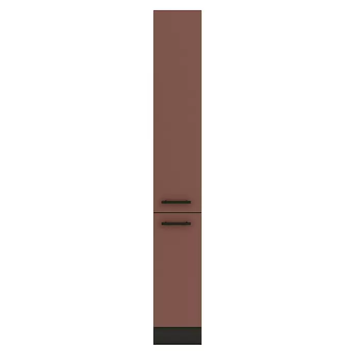 Optifit Nizza407 Apotheker-Hochschrank - 60 x 30 x 206,8 cm, Rostrot - Terrakottafarbener Zweitürer-Kühlschrank mit schwarzen Horizontalgriffen und schwarzem Sockel.