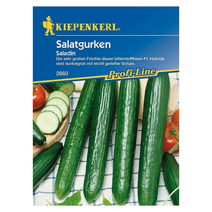 Kiepenkerl Profi-Line Gemüsesamen Gurke Saladin F1 - Cucumis sativus, Erntezeit: Juni - Saatgutpackung Kiepenkerl Salatgurken Saladin. Die Packung zeigt saftige, dunkelgrüne Salatgurken, ideal für den Anbau im eigenen Garten.