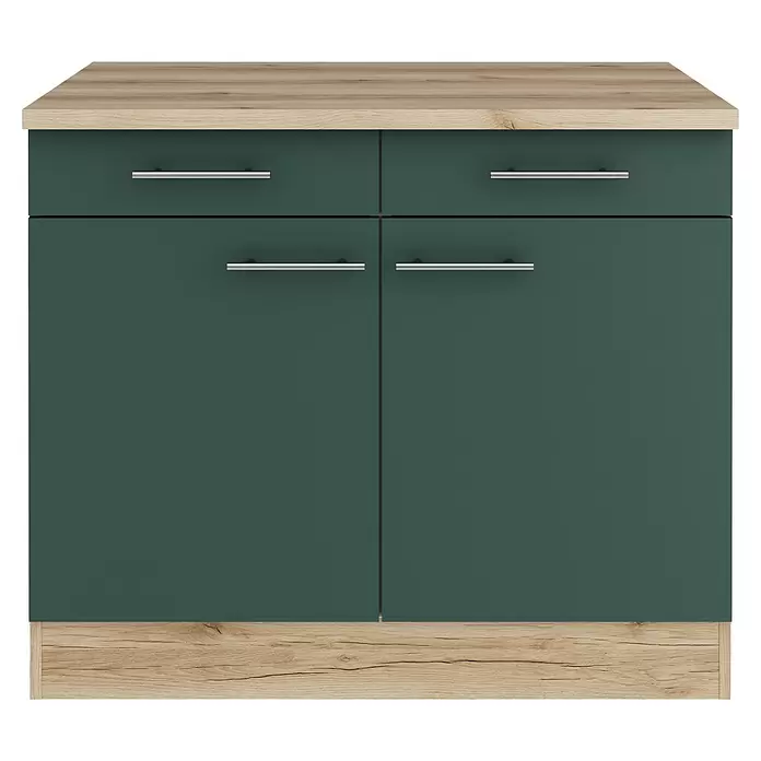 Optifit Savona405 Unterschrank - 60 x 100 x 84,8 cm, Steingrün, Mit 2 Schubkästen und 2 Türen - Dunkelgrüner Unterschrank mit Holzoptik-Platte/Sockel, 2 Schubladen, 2 Türen und silbernen Griffen.