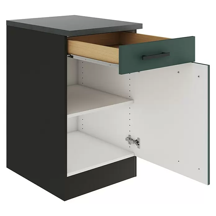 Optifit Verona405 Unterschrank - 60 x 50 x 84,8 cm, Steingrün, Mit 1 Schubkasten und 1 Tür - Dunkelgrauer Küchenunterschrank mit petrolfarbener Schublade, schwarzem Griff und offener Tür, die weiße Regale zeigt.