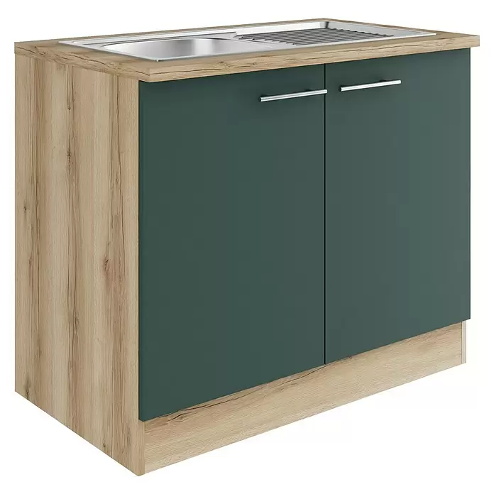 Optifit Savona405 Spülenunterschrank - 60 x 100 x 84,8 cm, Steingrün - Küchenspülunterschrank mit hellen Holzmaserungsseiten und dunkelgrünen Türen, ausgestattet mit einer Edelstahlspüle.