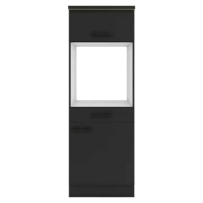 Optifit Madrid420 Midischrank - 60 x 60 x 174,4 cm, Anthrazit Matt, Für Backofen und Kühlschrank 88 cm mit 1 Tür - Dunkelgrauer Küchenschrank mit offener weißer Nische und Staufächern oben und unten.
