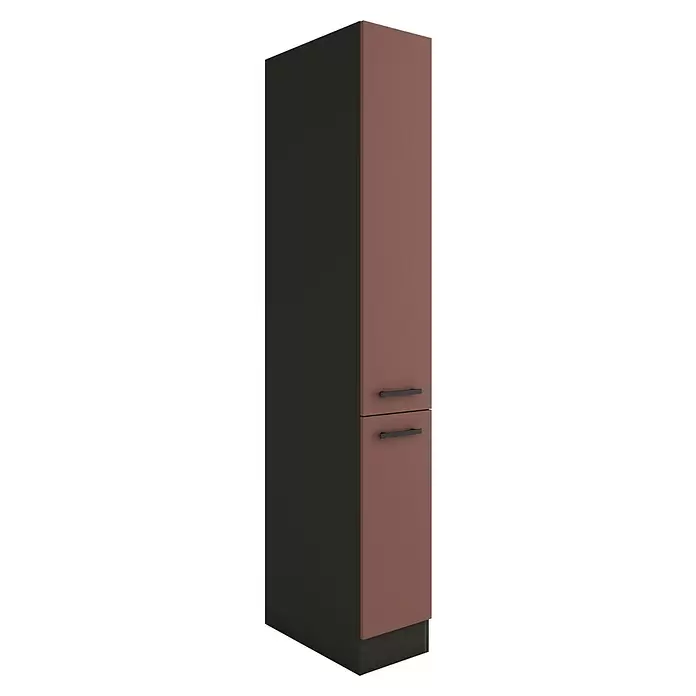 Optifit Nizza407 Apotheker-Hochschrank - 60 x 30 x 206,8 cm, Rostrot - Hoher Aufbewahrungsschrank mit schwarzen Seiten und zwei rotbraunen Türen, jeweils mit einem schwarzen Griff.