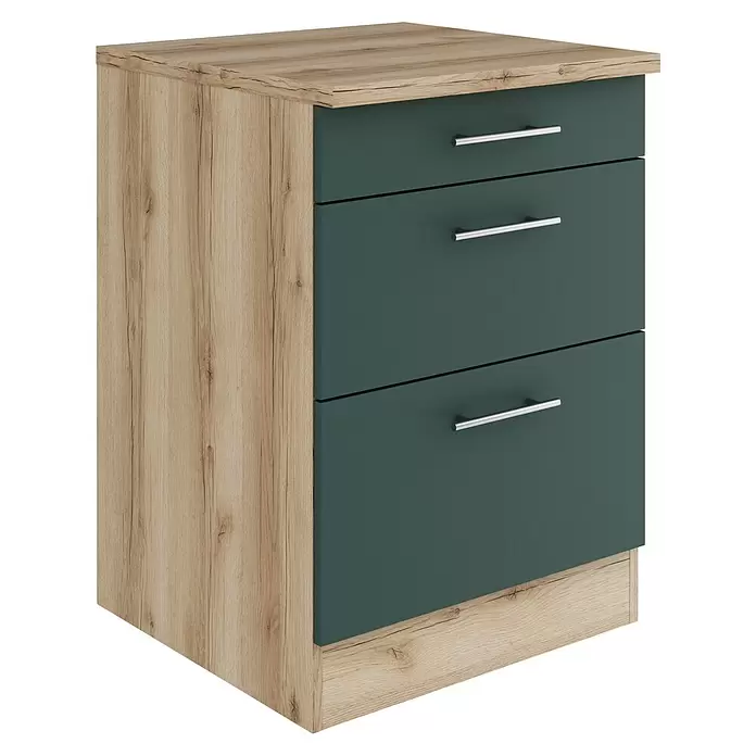 Optifit Savona405 Unterschrank - 60 x 60 x 84,8 cm, Steingrün, M 1 Schubkasten und 2 Auszügen - Kleiner Holzschrank mit heller Eichenoptik und drei dunkelgrünen Schubladen mit silbernen Griffen.