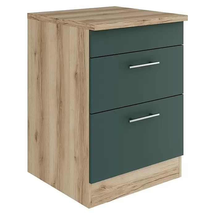Optifit Savona405 Unterschrank - 60 x 60 x 84,8 cm, Steingrün, Mit 1 Blende und 2 Auszügen - Nachttisch mit zwei Schubladen, heller Holzmaserung und dunkelgrünen Fronten mit silbernen Griffen.
