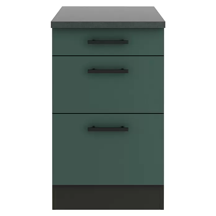 Optifit Verona405 Unterschrank - 60 x 50 x 84,8 cm, Steingrün, Mit 1 Schubkasten und 2 Auszügen - Dunkelgrüner Schrank mit drei Schubladen, grauer Arbeitsplatte, schwarzen Griffen und Sockel.