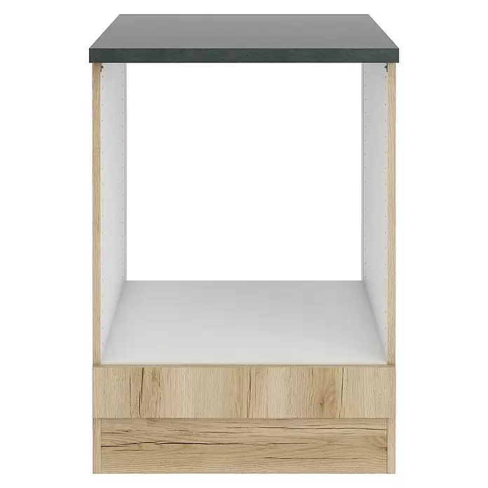 Optifit Livorno290 Herdumbauschrank - 60 x 60 x 84,8 cm, Wildeiche Nachbildung - Offener Küchenunterschrank mit dunkelgrauer Arbeitsplatte, weißem Innenraum und Sockel in heller Holzmaserung.