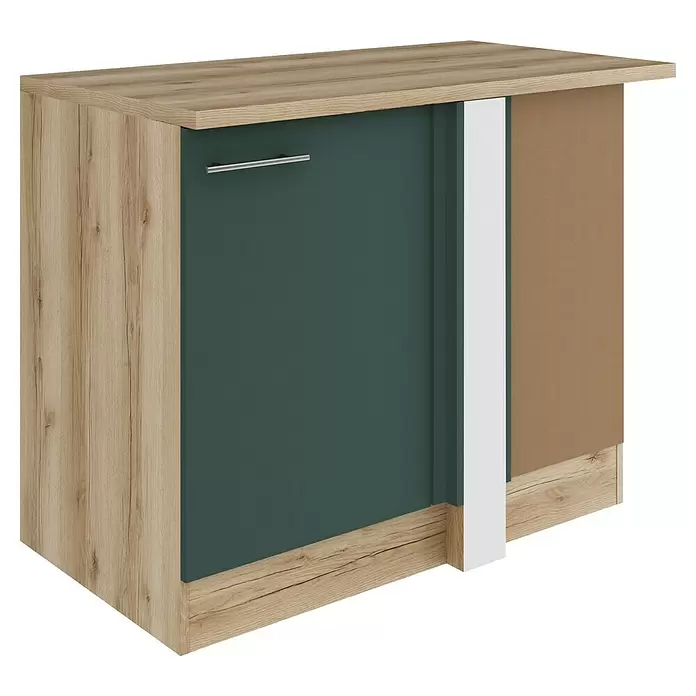 Optifit Savona405 Eck-Unterschrank für Eck Typ 2 - 60 x 110 x 84,8 cm, Steingrün - Heller Eiche-Effekt-Schrank mit dunkelgrüner Tür, silbernem Griff und weißer Akzentleiste.