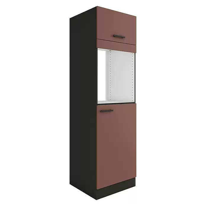 Optifit Nizza407 Geräteumbauschrank - 60 x 60 x 206,8 cm, Rostrot, Mit 1 Klappe und 2 Türen für Backofen und Kühlschrank 88 cm - Hoher Küchenschrank mit dunkelbraunen Türen, dunkelgrauem Rahmen und einem offenen weißen Fach für ein Gerät, mit schwarzen Griffen.
