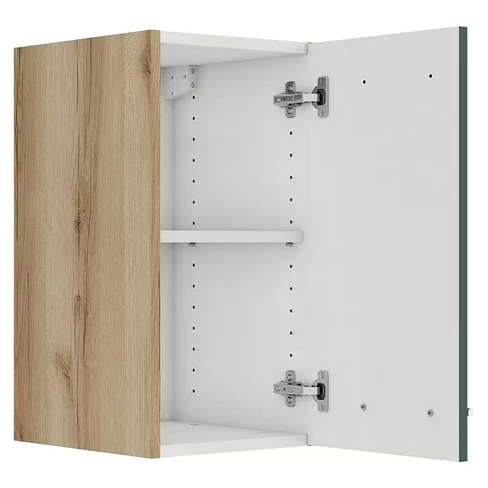 Optifit Savona405 Hängeschrank - 34,6 x 30 x 57,6 cm, Steingrün - Teilweise geöffneter Wandschrank in heller Holzoptik mit weißem Innenraum, verstellbarem Regal und sichtbaren Scharnieren.