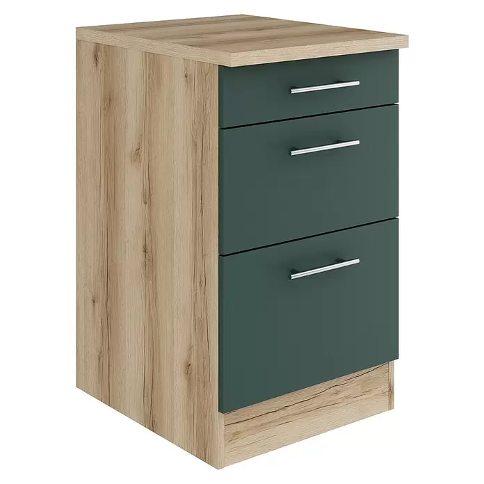 Optifit Savona405 Unterschrank - 60 x 50 x 84,8 cm, Steingrün, Mit 1 Schubkasten und 2 Auszügen - Kommode mit hellem Holzrahmen und drei dunkelgrünen Schubladen mit silbernen Griffen.