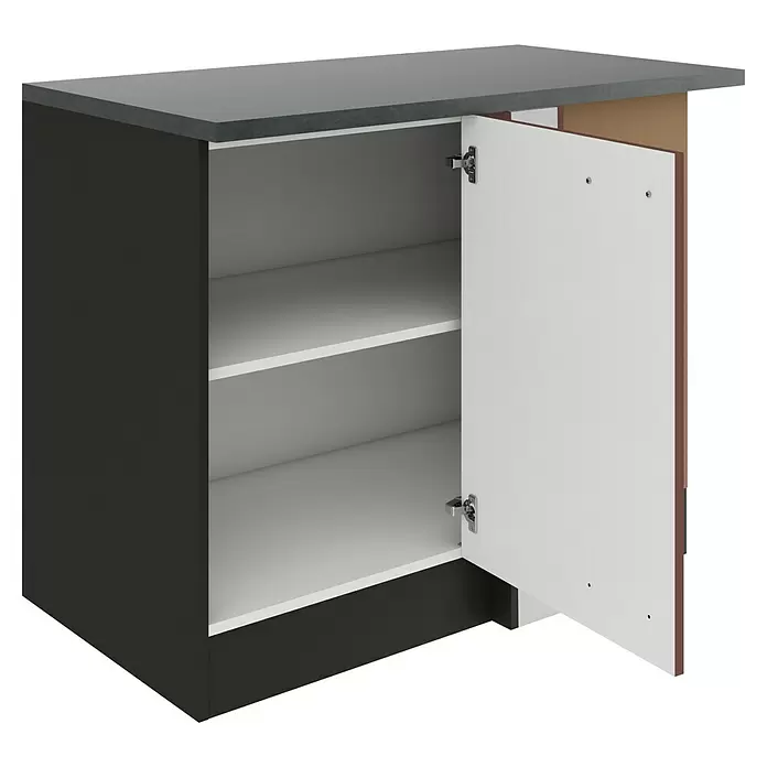 Optifit Nizza407 Eck-Unterschrank - 60 x 110 x 84,8 cm, Rostrot - Dunkelgrauer Küchenunterschrank mit weißer offener Tür, Einlegeböden und dunkelgrauer Arbeitsplatte.