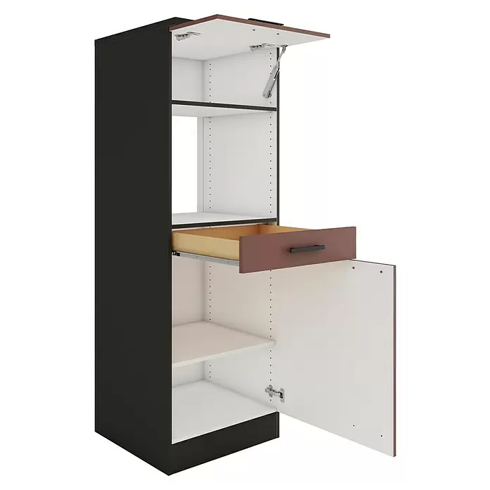 Optifit Nizza407 Küchen-Midischrank - 60 x 60 x 174,4 cm, Rostrot, Für Mikrowelle mit 1 Klappe, 1 Schubkasten und 1 Tür - Hoher dunkler Schrank mit geöffneter oberer und unterer Tür sowie offener rotbrauner Schublade, die das weiße Innere zeigt.