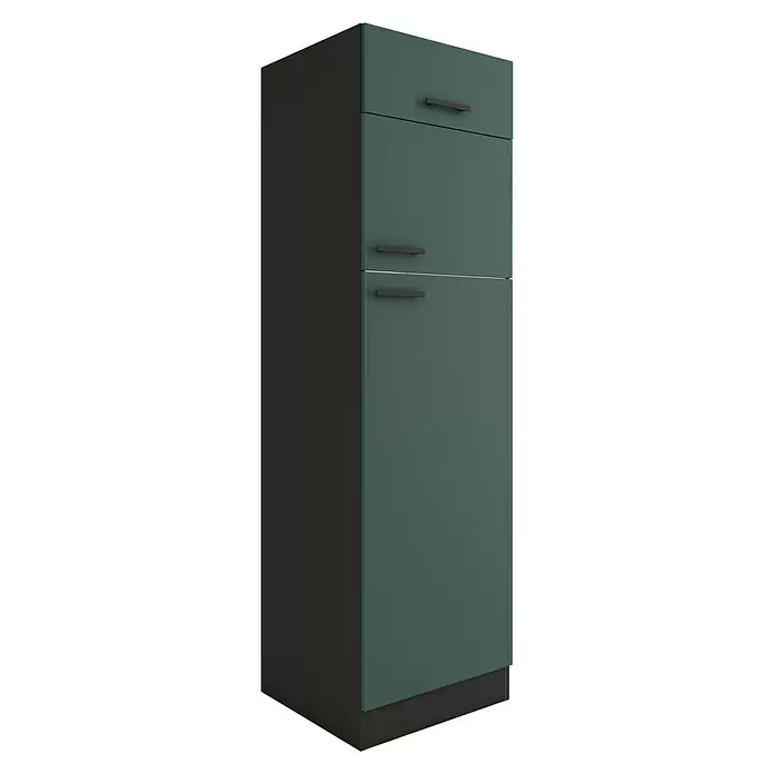 Optifit Verona405 Geräteumbauschrank - 60 x 60 x 206,8 cm, Steingrün, M 1 Klappe und 2 Türen mit Nische für Kühlschrank 144 cm - Hoher, schmaler dunkelgrüner Schrank mit schwarzer Seitenwand und Sockel, mit drei schwarzen Stangengriffen.