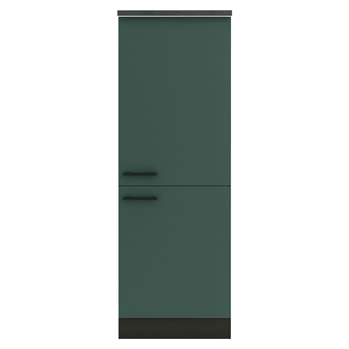 Optifit Verona405 Midischrank - 60 x 60 x 174,4 cm, Steingrün, Mit 2 Türen und Arbeitsplatte für Kühlschrank 88 cm - Dunkelgrüner zweitüriger Kühlschrank mit schwarzen Griffen, grauem Obersims und schwarzem Untersims.