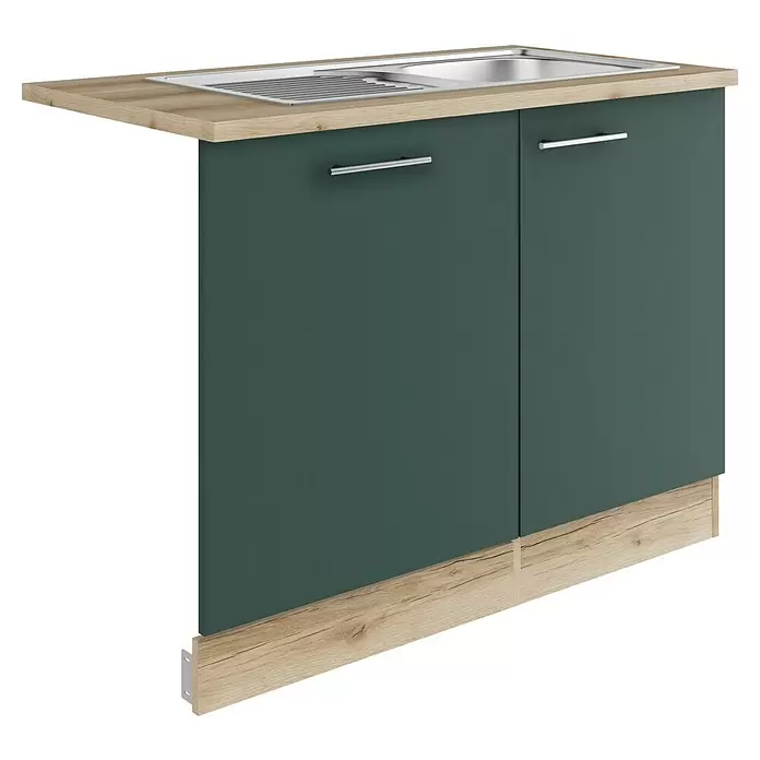 Optifit Savona405 Spülenunterschrank - 60 x 110 x 84,8 cm, Steingrün, Mit Blende 60 cm für vollintegrierten Geschirrspüler - Dunkelgrüner Küchenspülenunterschrank mit heller Holzoptik-Arbeitsplatte, integrierter Edelstahlspüle und passender Holzoptik-Sockelblende.