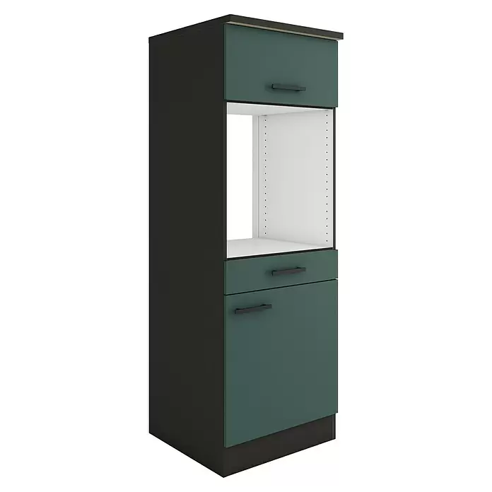 Optifit Verona405 Midischrank - 60 x 60 x 174,4 cm, Steingrün, Für Backofen und Kühlschrank 88 cm mit 1 Tür und Arbeitsplatte - Hoher Küchenschrank mit dunkelgrauem Rahmen, tealfarbenen Fronten und schwarzen Griffen, mit Einbaugerätefach und Stauraum.