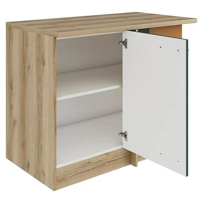 Optifit Savona405 Eck-Unterschrank für Eck Typ 1 - 60 x 110 x 84,8 cm, Steingrün - Helles Holzoptik-Schrank mit offener weißer Tür und Regalböden.