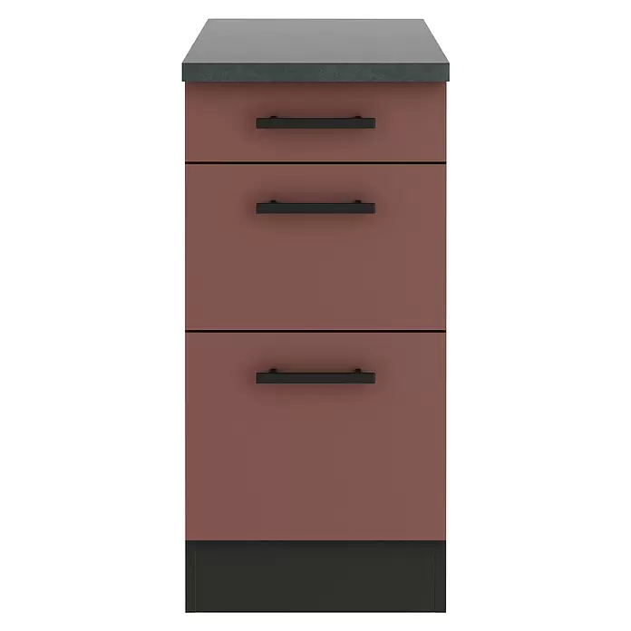 Optifit Nizza407 Unterschrank - 60 x 40 x 84,8 cm, Rostrot, Mit 1 Schubkasten und 2 Auszügen - Terracottafarbener dreischübiger Schrank mit schwarzen Griffen und dunkler Arbeitsplatte.