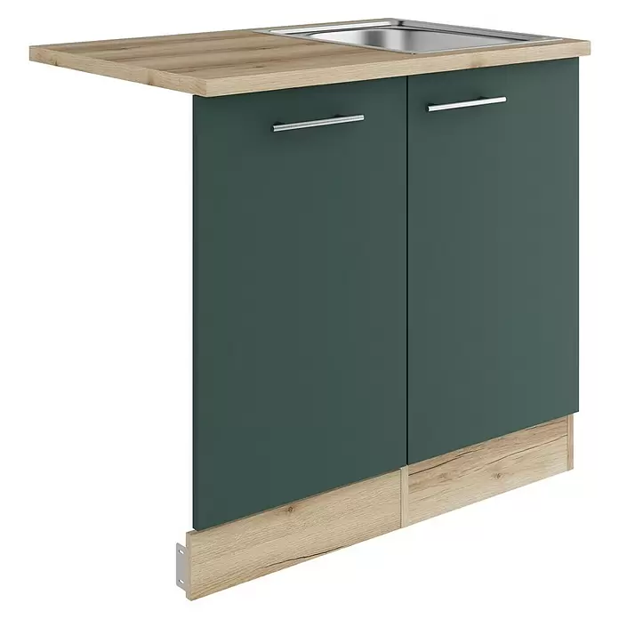 Optifit Savona405 Spülenunterschrank - 60 x 90 x 84,8 cm, Steingrün, Mit Blende 45 cm für vollintegrierten Geschirrspüler - Dunkelgrüner Küchenschrank mit Holz-Arbeitsplatte und integriertem Edelstahlspülbecken.