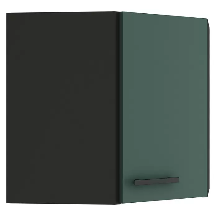 Optifit Verona405 Eck-Hängeschrank - 34,6 x 60 x 57,6 cm, Steingrün - Dunkelgrauer und petrolfarbener Hängeschrank mit schwarzem Griff.