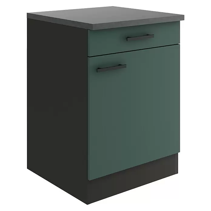 Optifit Verona405 Unterschrank - 60 x 60 x 84,8 cm, Steingrün, Mit 1 Schubkasten und 1 Tür - Dunkeltürkiser Küchenunterschrank mit dunkelgrauer Arbeitsplatte und schwarzen Griffen, mit einer Schublade und einer Tür.