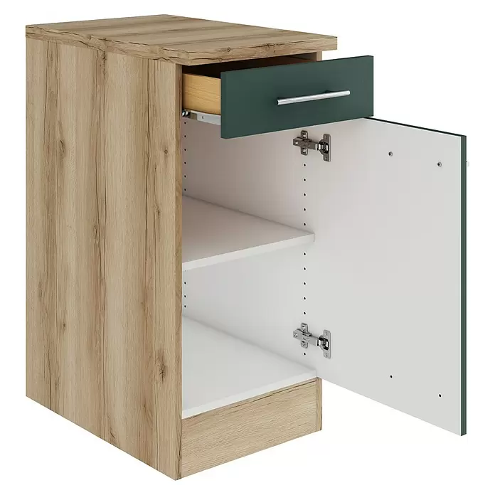 Optifit Savona405 Unterschrank - 60 x 40 x 84,8 cm, Steingrün, Mit 1 Schubkasten und 1 Tür - Heller Holzschrank, offen, mit leicht ausgezogener dunkelgrüner Schublade, die eine Holzinnenseite und zwei weiße verstellbare Einlegeböden zeigt.