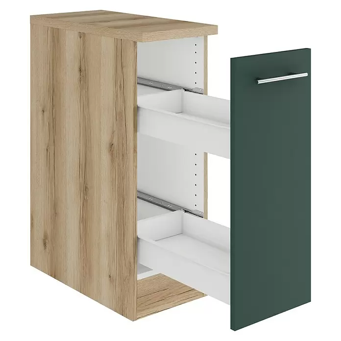 Optifit Savona405 Unterschrank - 60 x 30 x 84,8 cm, Steingrün, Mit 1 Auszug und 2 Metallschubkästen - Zweischubladiger Küchenschrank mit heller Holzoptik und dunkelgrüner Front. Weiße Schubladen sind teilweise geöffnet, mit silbernen Schienen.