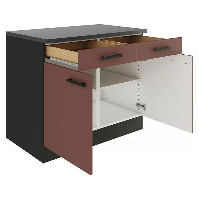 Optifit Nizza407 Unterschrank - 60 x 100 x 84,8 cm, Rostrot, Mit 2 Schubkästen und 2 Türen - Moderner Küchenunterschrank mit dunkelgrauer Platte, rotbraunen Fronten und schwarzen Griffen. Mit offener Schublade und geöffnetem Schrankfach mit Regalen.