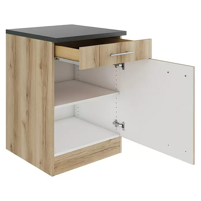 Optifit Livorno290 Küchen-Unterschrank - 60 x 60 x 84,8 cm, Wildeiche Nachbildung, Mit 1 Schubkasten und 1 Tür - Küchenunterschrank in heller Holzoptik mit grauer Arbeitsplatte. Schublade und Tür offen, weiße Regale sichtbar.