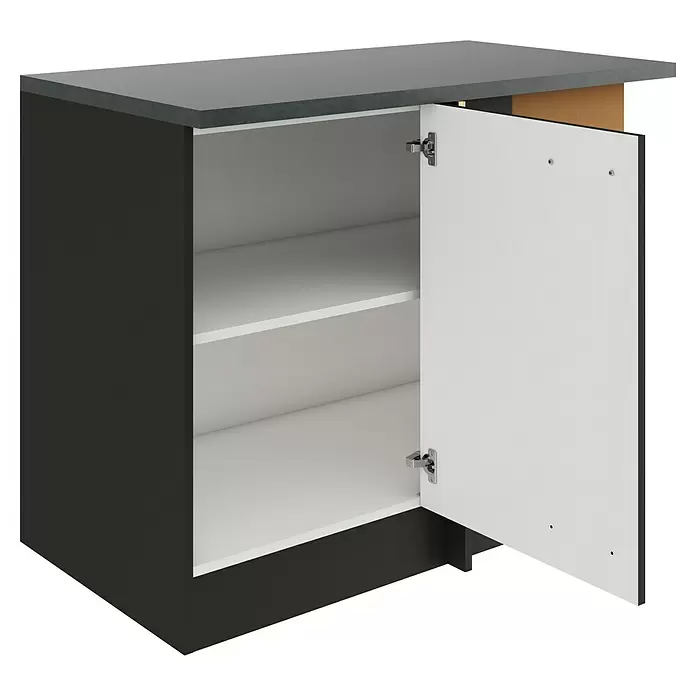 Optifit Madrid420 Eck-Unterschrank für Eck Typ 1 - 60 x 110 x 84,8 cm, Anthrazit Matt - Dunkelgrauer Küchenunterschrank mit offener weißer Tür, zwei weißen Einlegeböden und grauer Arbeitsplatte.