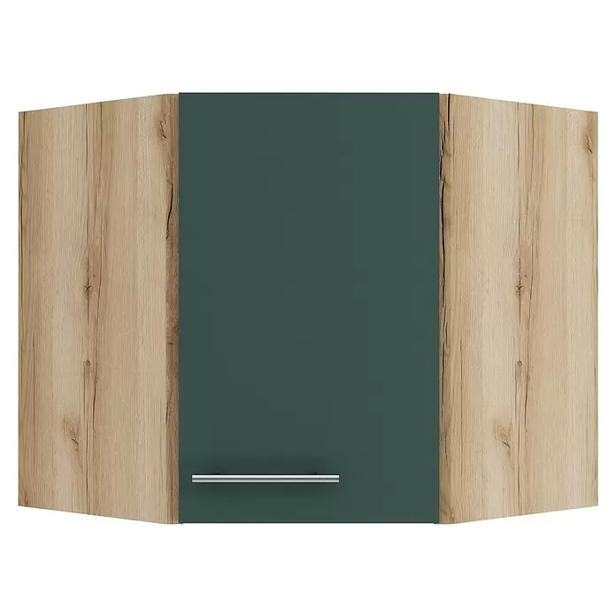 Optifit Savona405 Eck-Hängeschrank - 34,6 x 60 x 57,6 cm, Steingrün - Eckhängeschrank mit dunkelgrüner Tür und hellen Holzmaserungs-Seitenpaneelen, mit silbernem Griff.